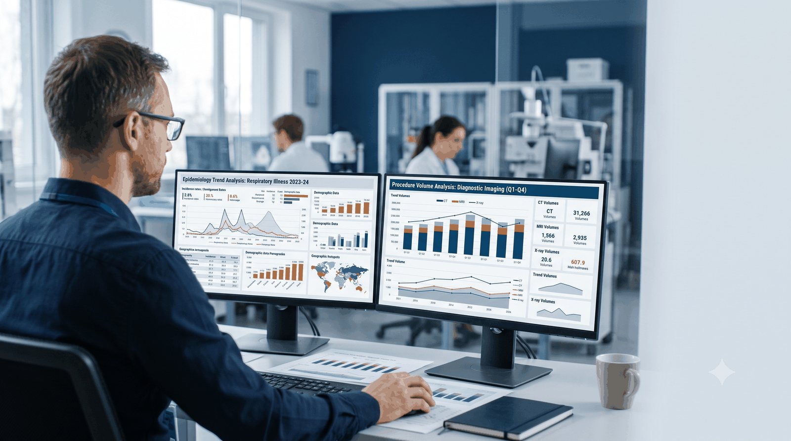 Analyst reviewing epidemiology and procedure-volume charts