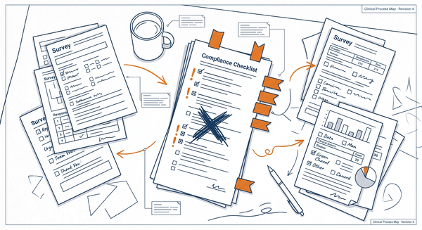 Scattered survey printouts and a flagged compliance checklist
