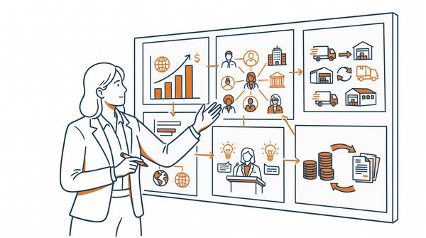 A consultant laying out market size, key players, distributors, KOLs and reimbursement as one connected board