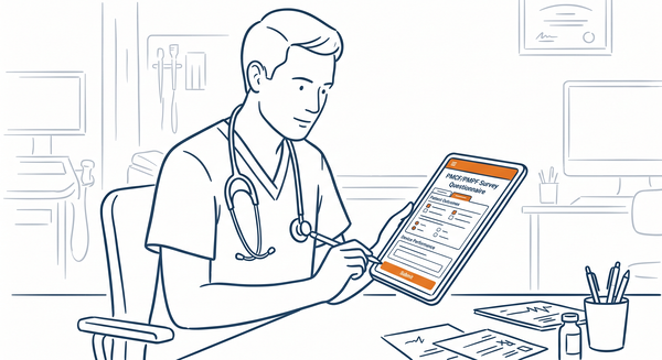 A healthcare professional completing a structured PMCF survey questionnaire on a tablet