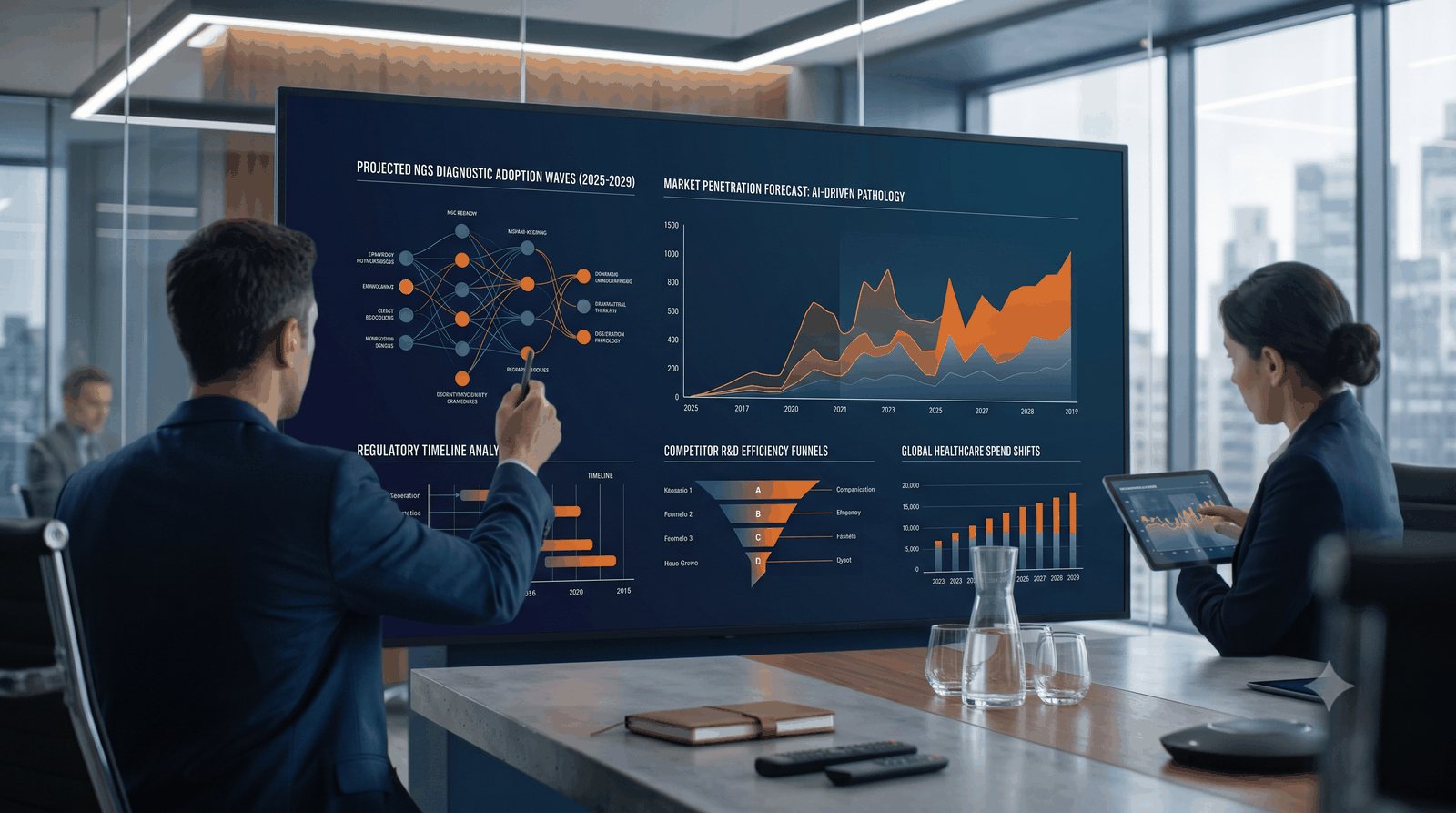 Strategists reviewing market-scenario forecasts on a boardroom dashboard