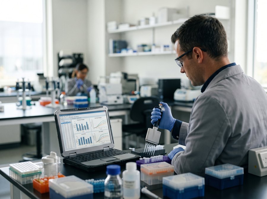 A clinical-research scientist working at a laboratory bench with sample racks