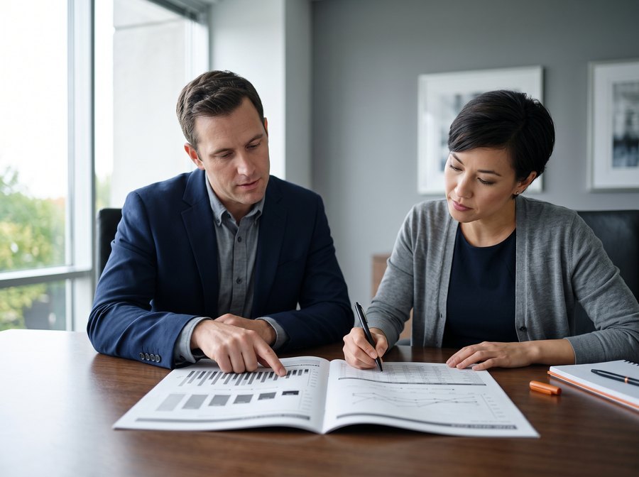 Two analysts reviewing a printed market pack across a boardroom table