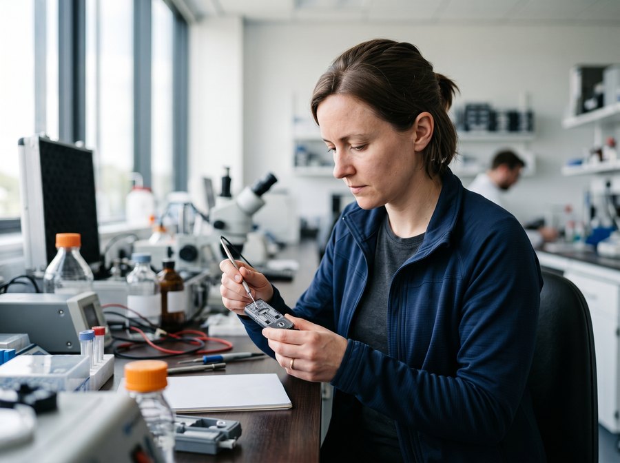 A device engineer examining a diagnostic cartridge at a development bench