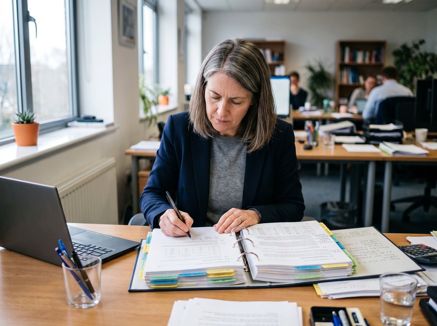 A regulatory and quality consultant reviewing a printed technical file