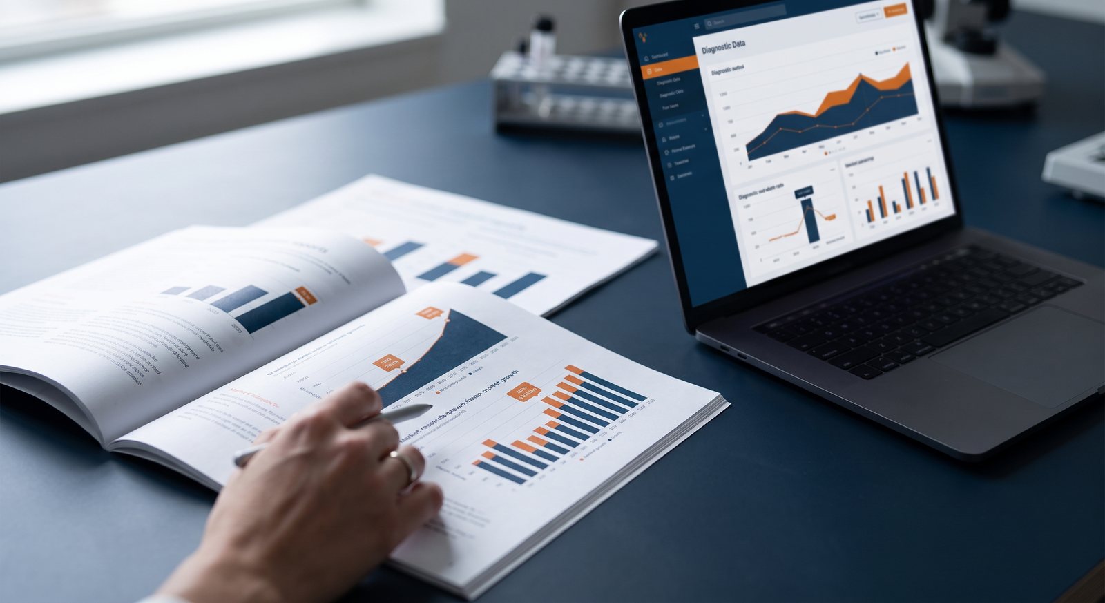 Printed market-research reports and a laptop with charts